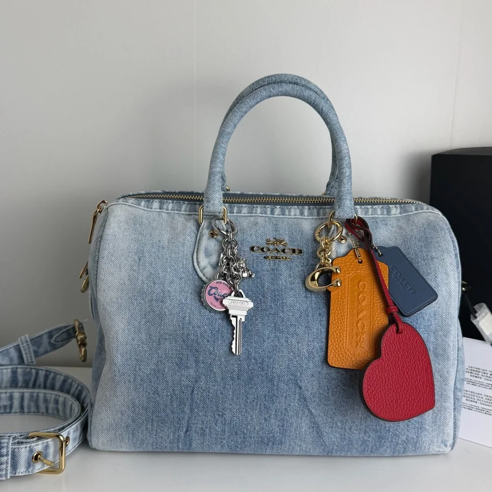 NWT Coach Rowan Large Satchel Bag In Loved Denim With Charms - Picture 3 of 15